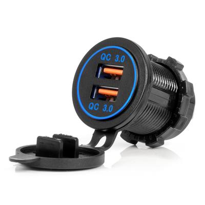 Ūdensizturīgs telefona lādētājs 12/24 V ar zilu LED apgaismojumu, 2×USB QC3.0