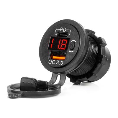 Ūdensizturīgs telefona lādētājs ar slēdzi 12/24 V, sarkanu LED indikatoru un digitālo voltmetru, USB + USB-C QC3.0