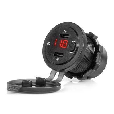 Ūdensizturīgs telefona lādētājs ar slēdzi 12/24 V, sarkanu LED indikatoru un digitālo voltmetru, 2×USB-C