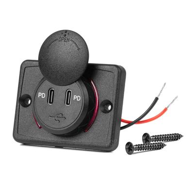 Ūdensizturīgs kvadrātveida telefona lādētājs 12/24 V ar sarkanu LED apgaismojumu, 2×USB-C
