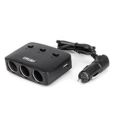 Trīsvietīgs auto ligzdu sadalītājs ar 2×USB-A, ON/OFF slēdzi un LED indikatoru 12/24 V 100 W, 70 cm