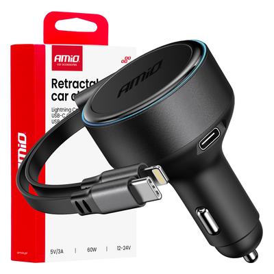 Auto lādētājs 12/24 V 60 W ar ievelkamu USB-C un Lightning kabeli + USB-C ligzdu