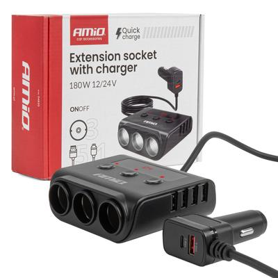 Auto ligzdu sadalītājs ar 4×USB-A, QC3.0 un PD3.0, 180 W