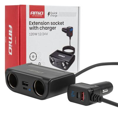 Auto ligzdu sadalītājs ar USB-C, USB-A, QC3.0 un PD3.0, 120 W