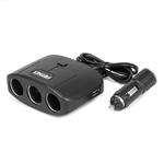 Trīsvietīgs auto ligzdu sadalītājs ar 2×USB-A un ON/OFF slēdzi 12/24 V 100 W, 70 cm