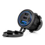 Ūdensizturīgs telefona lādētājs ar slēdzi 12/24 V, zilu LED apgaismojumu, USB + 2×USB-C QC3.0